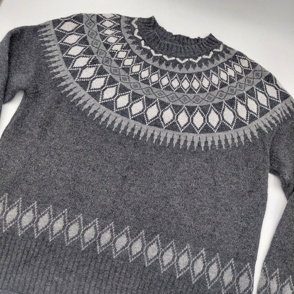 Kuhl Womens L Gray Merino Wool Blend Fair Isle Crew Neck Sweater 4027 Winter Ski